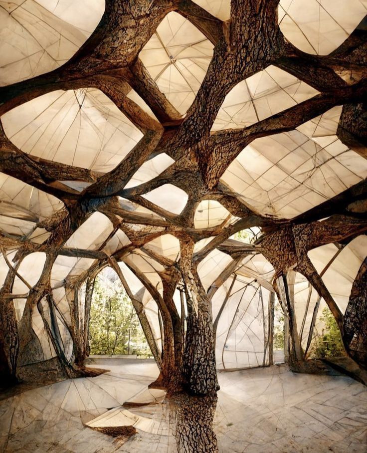 A living architecture: tree trunks branching into a translucent canopy