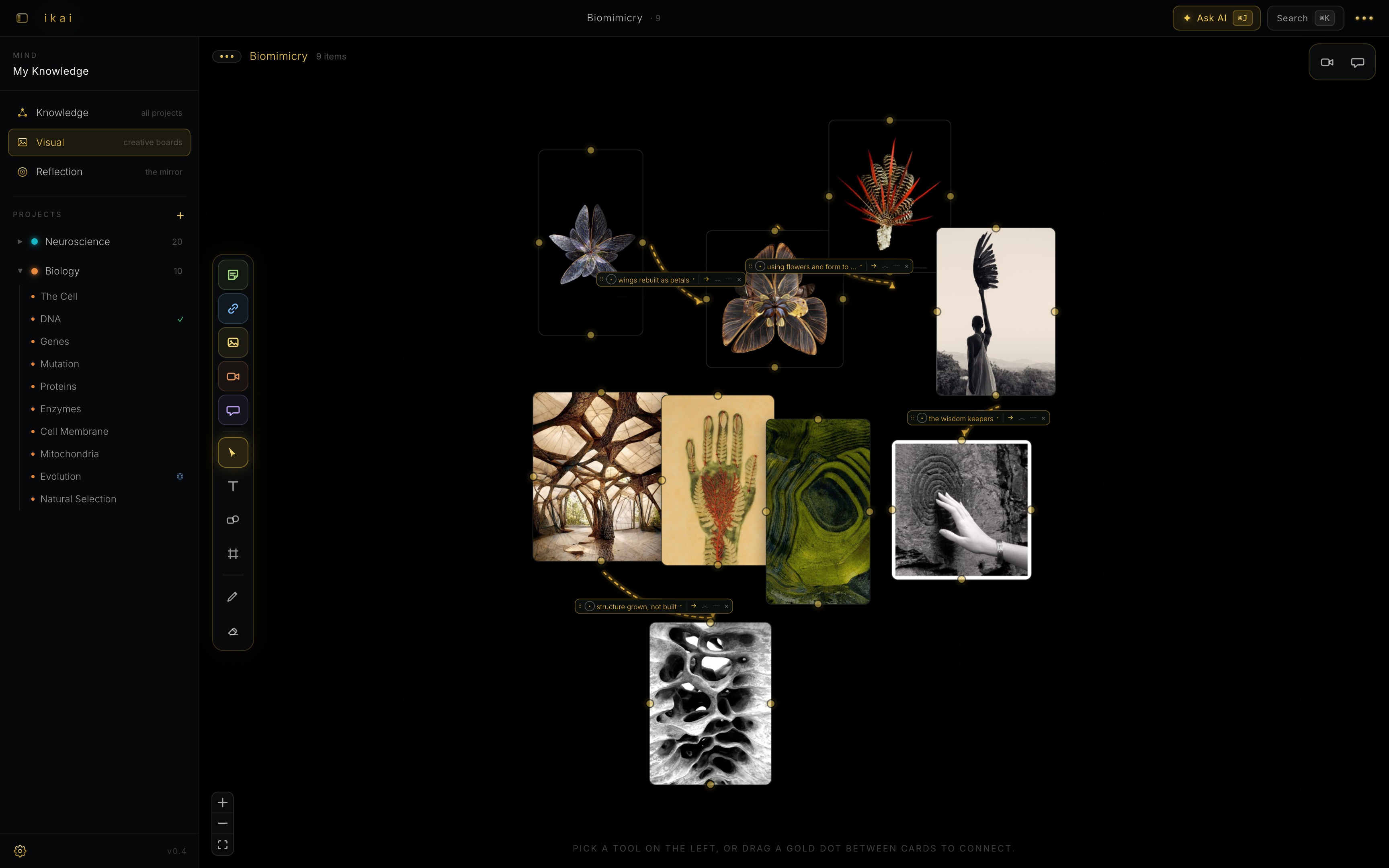 The real Biomimicry board in Ikai: nine organic images connected by labeled gold threads reading wings rebuilt as petals, structure grown not built, the wisdom keepers