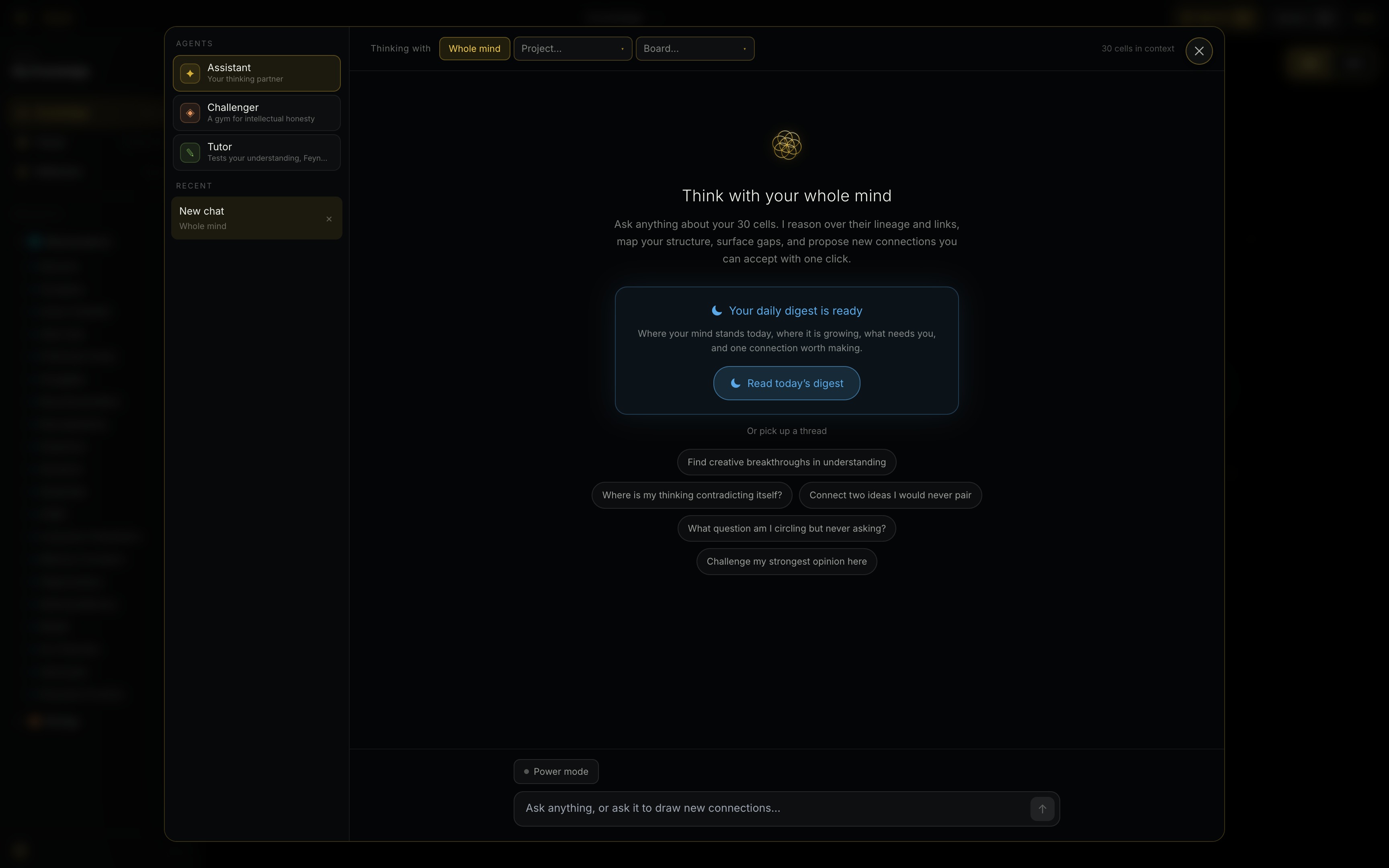 The real Ask AI window in Ikai: Assistant, Challenger and Tutor agents in a rail, whole-mind scope, a daily digest card, and provocations like Challenge my strongest opinion here